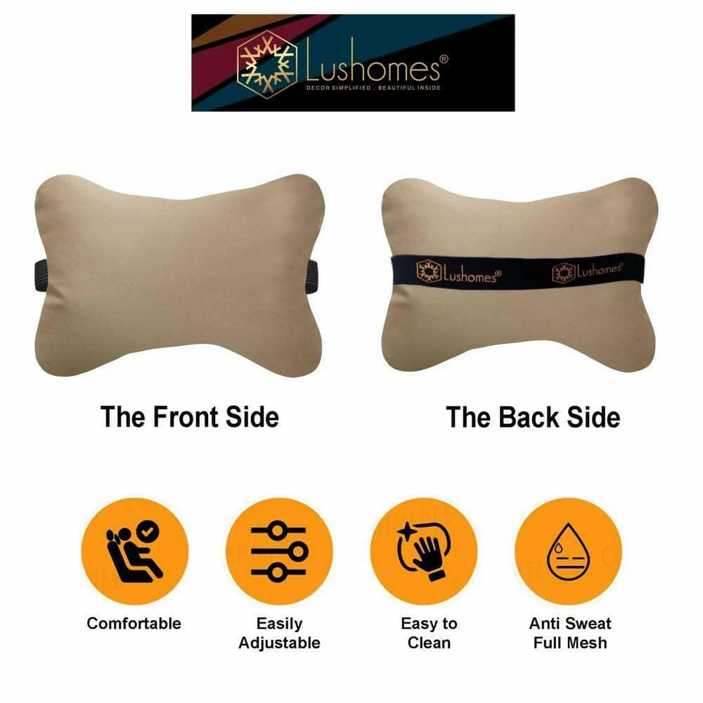 Lushomes Car Pillows for Neck, Back and Seat Rest, Pack of 4, Cream PU Faux Leather, Car Bed for Back Seat, Car Accessories (2 Bone Pillow Size: 6x10 Inch + 2 Car Cushions Size 12x12 Inch, Pk of 4) - HalfPe