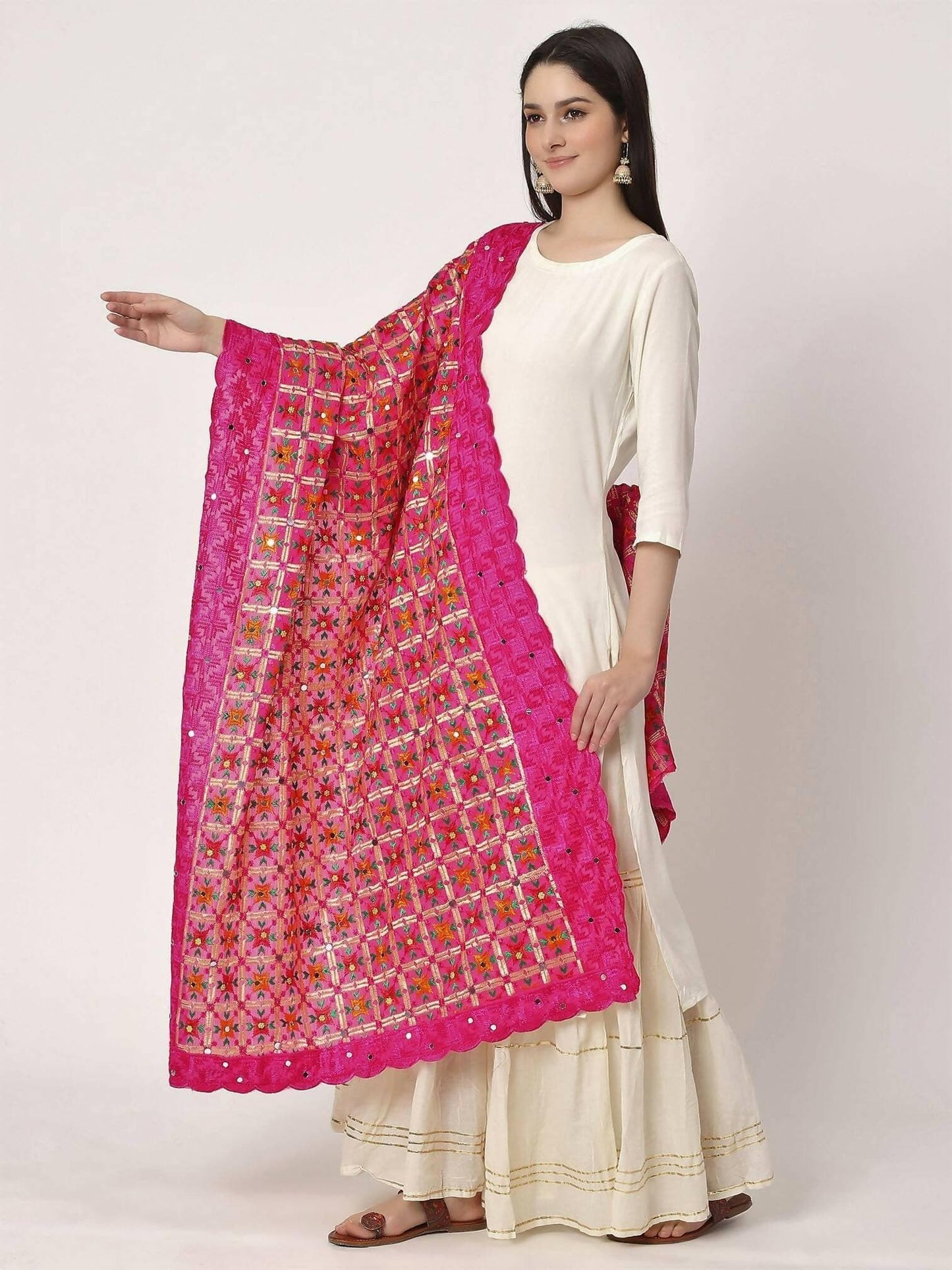 Magenta Multicolour Phulkari Embroidery Dupatta - HalfPe