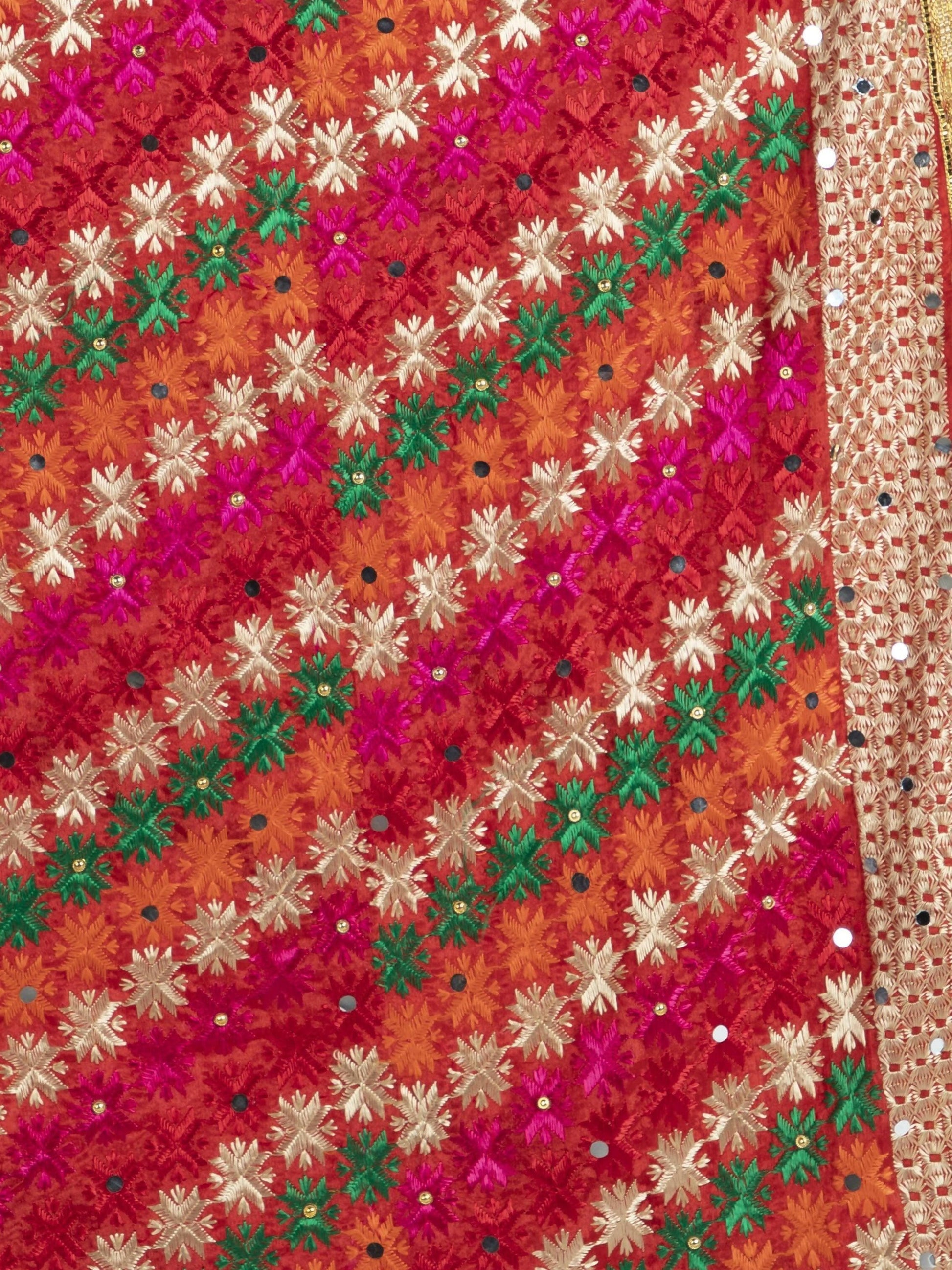 Phulkari with gold Lace and mirror work (multi-color) - HalfPe