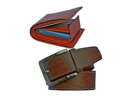 Men's Artificial Leather Belt And Wallet Combo (Red) - HalfPe