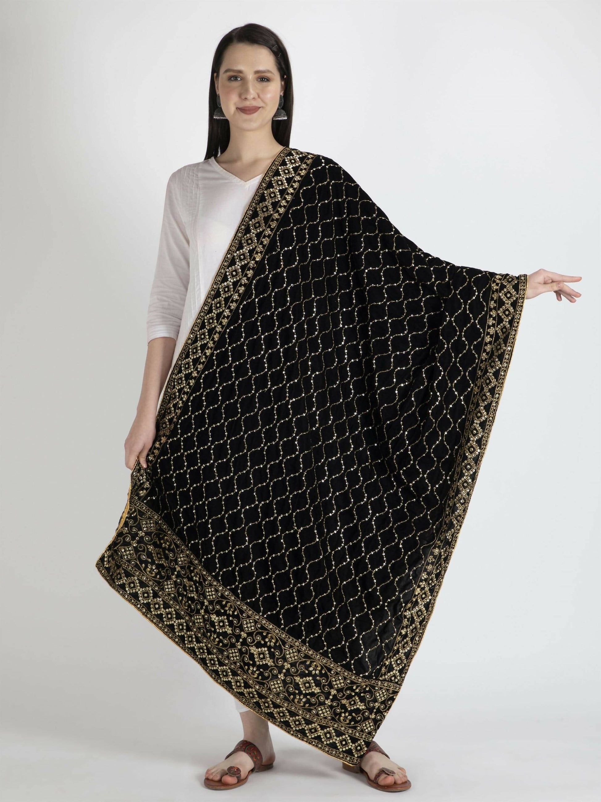 Black Embroidered Shawl Dupatta For Women - HalfPe