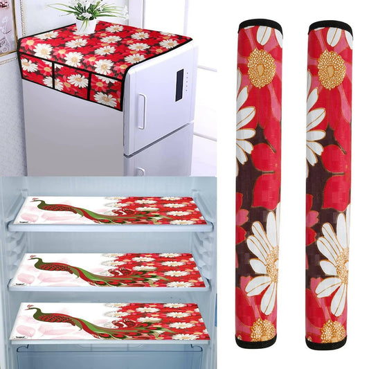 WISHLAND Double Door Fridge Cover Combo Set pf 1 Fridge Top Cover + 2 Fridge Handle Cover + 3 Multipurpose Fridge Mats (Red) - HalfPe