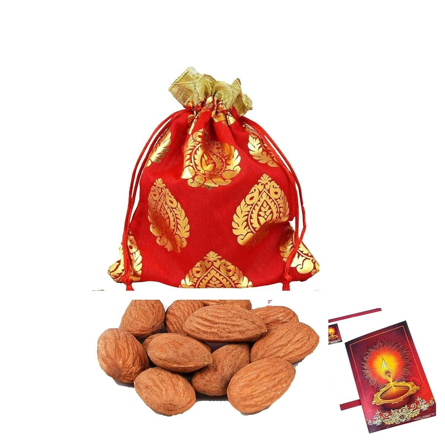 MANTOUSS Happy Diwali Dry Fruit Red Designer Potli-Almond + Happy Diwali Greeting Card - HalfPe