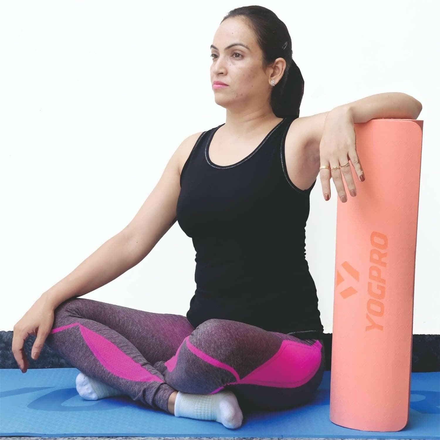 Yogpro TPE Yoga Mat Premium Super Soft Anti Skid and non toxic with Carry Bag and Strap (6 MM, PEACH) - HalfPe