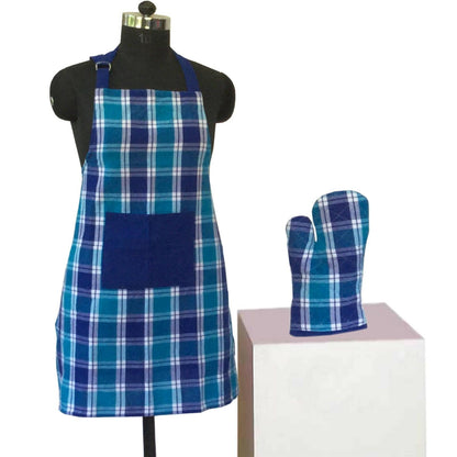 Lushomes Checks Blue Kitchen Cooking Apron Set for Women, apron for kitchen, kitchen apron for women (2 Pc Set, Oven Glove 17 x 32 cm, Apron 60 x 80 cms) - HalfPe