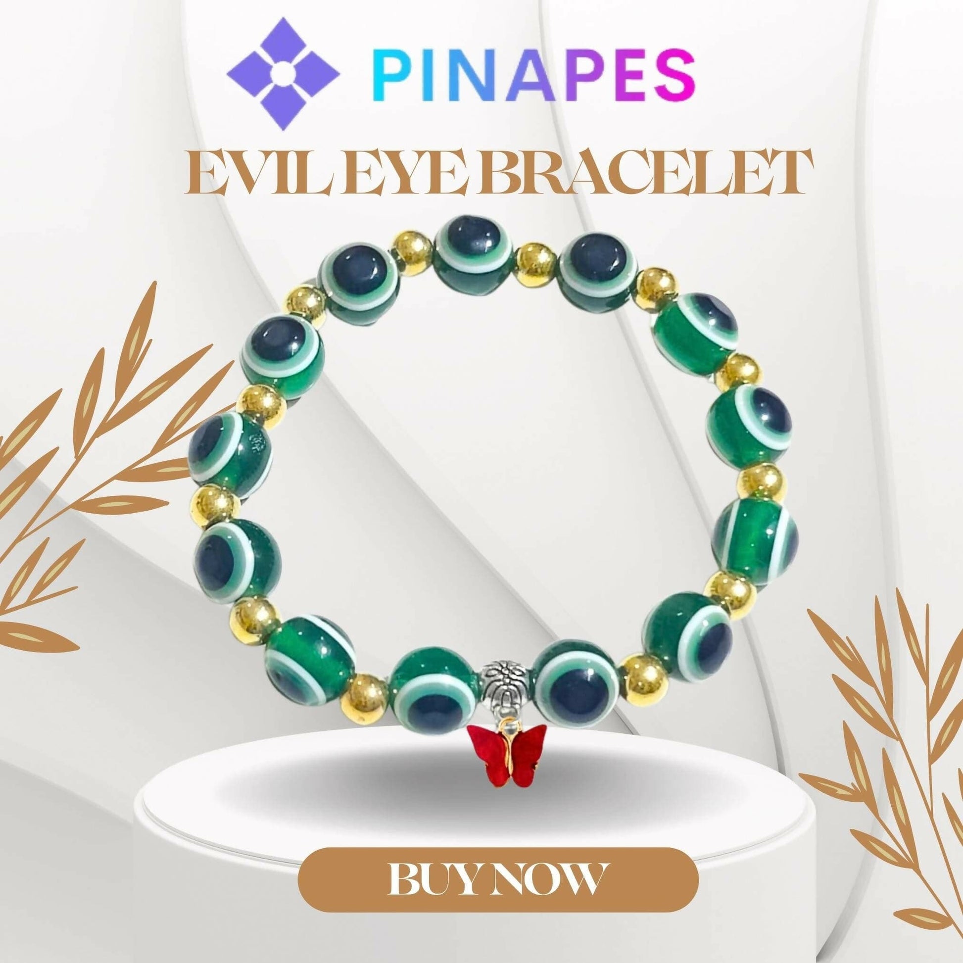 Pinapes Butterfly Beads and Evil Eye Charm Bracelet A Must-Have for Fashionable and Superstitious Women with red butterfly (dark green) - HalfPe