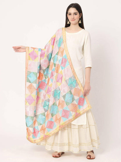 Phulkari Dupatta Pastel Colours with Golden Lace Taping - HalfPe