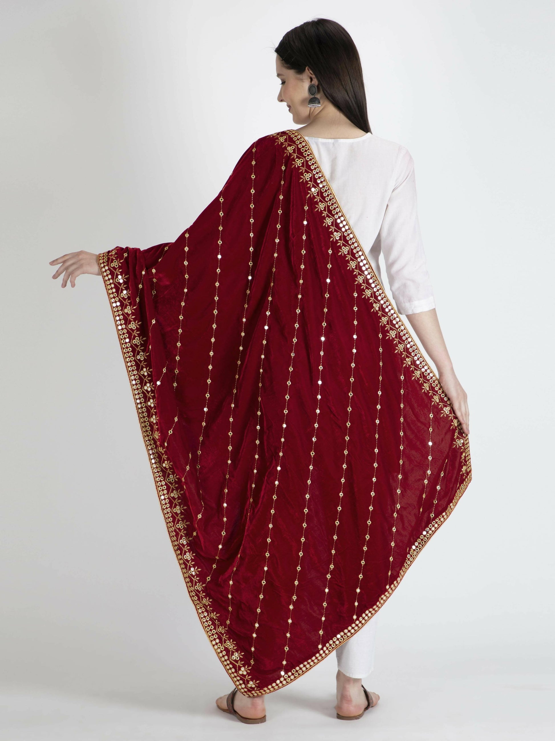 Maroon Embroidered Velvet Shawl Dupatta - HalfPe