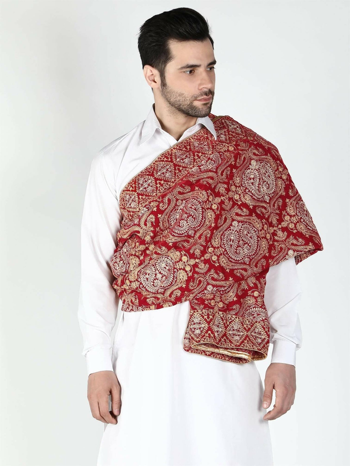 Moda Chales Men's Velvet Shawl (Red ,Cream ,Gold ) - HalfPe