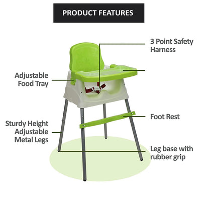 Safe-O-Kid 4 in 1 Convertible High Chair/Kids Feeding Chair Cum Booster Seat for 6 to 36 Months with Adjustable Tray for Baby - Green - halfpeapp