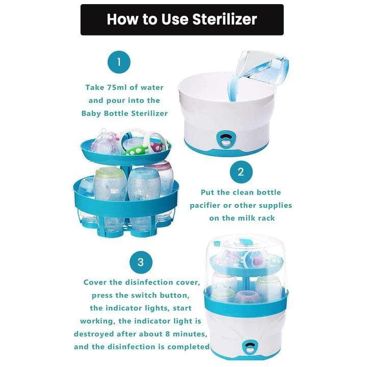 Safe-O-Kid 6 Bottles 8 Minutes Sterilization Cycle Electric Steam Sterilizer- Suitable for Feeding Bottles, Breast Pump and Other Accessories, Large Capacity (Latest 2023 Model)- Blue - halfpeapp