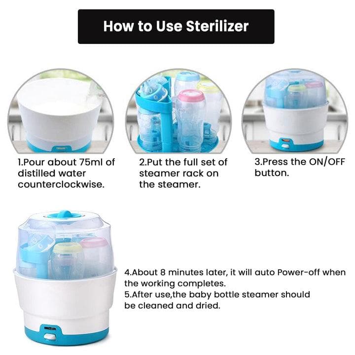 Safe O Kid Baby Bottle Sterilizer, Pacifiers, Kills 99.99% Germs, Quick Cleaning in 8 Mins, Fast Disinfection, Hold up to 6 Bottles, Steam Sterilizer for Baby Bottles, (Latest 2023 Model with 3 Years Comprehensive Warranty)- Blue - halfpeapp