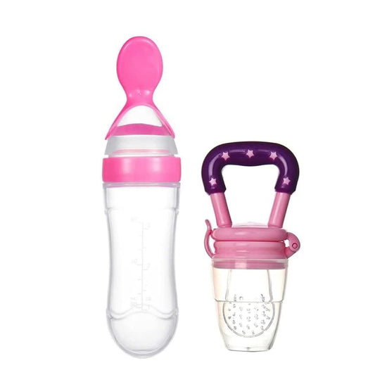 Safe O Kid Baby Combo of Babies Veggie Squeezy Spoon & Baby Food/Fruit Nibbler for 0-24 Months (Pink/Pink) - halfpeapp