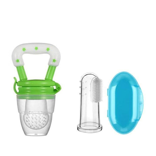 Safe-O-Kid- BPA Free-Baby Fruit Feeder/Pacifier/Nibbler/Teether with Silicone Finger Brush with Extra Safe Covers - Complete Mouth Safety Combo - halfpeapp