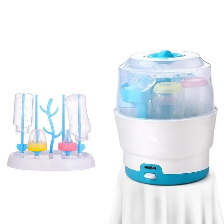 Safe-O-Kid Combo Electric Steam Sterilizer,6 Bottles simultaneously, Quick Cleaning in 8 Mins,for Baby Bottles with Bottle Drying Rack, Plastic Trees, Dustproof, Easy Sterilizer for Baby (Latest 2023 Model with 3 Years Comprehensive Warranty) - Blue - halfpeapp