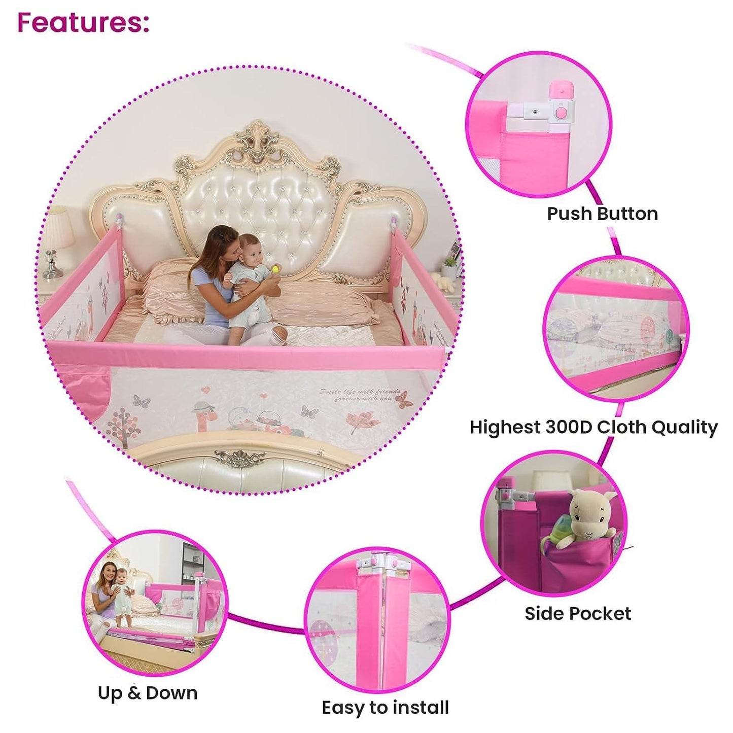 SAFE-O-KID Designer Bed Rail Guard (5 Ft*2.1 FT),Fit-All, Adjustable, Up & Down, 1.5MTR (60 * 25 Inch/152 * 63 cms),Pink,Pack of 1 - halfpeapp