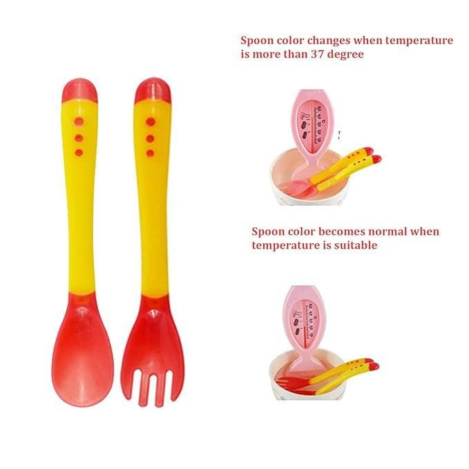 Safe-O-Kid Heat Sensitive 2 Spoons 2 Forks Set, Silicone tip, Red and Yellow, Pack of 2 - halfpeapp