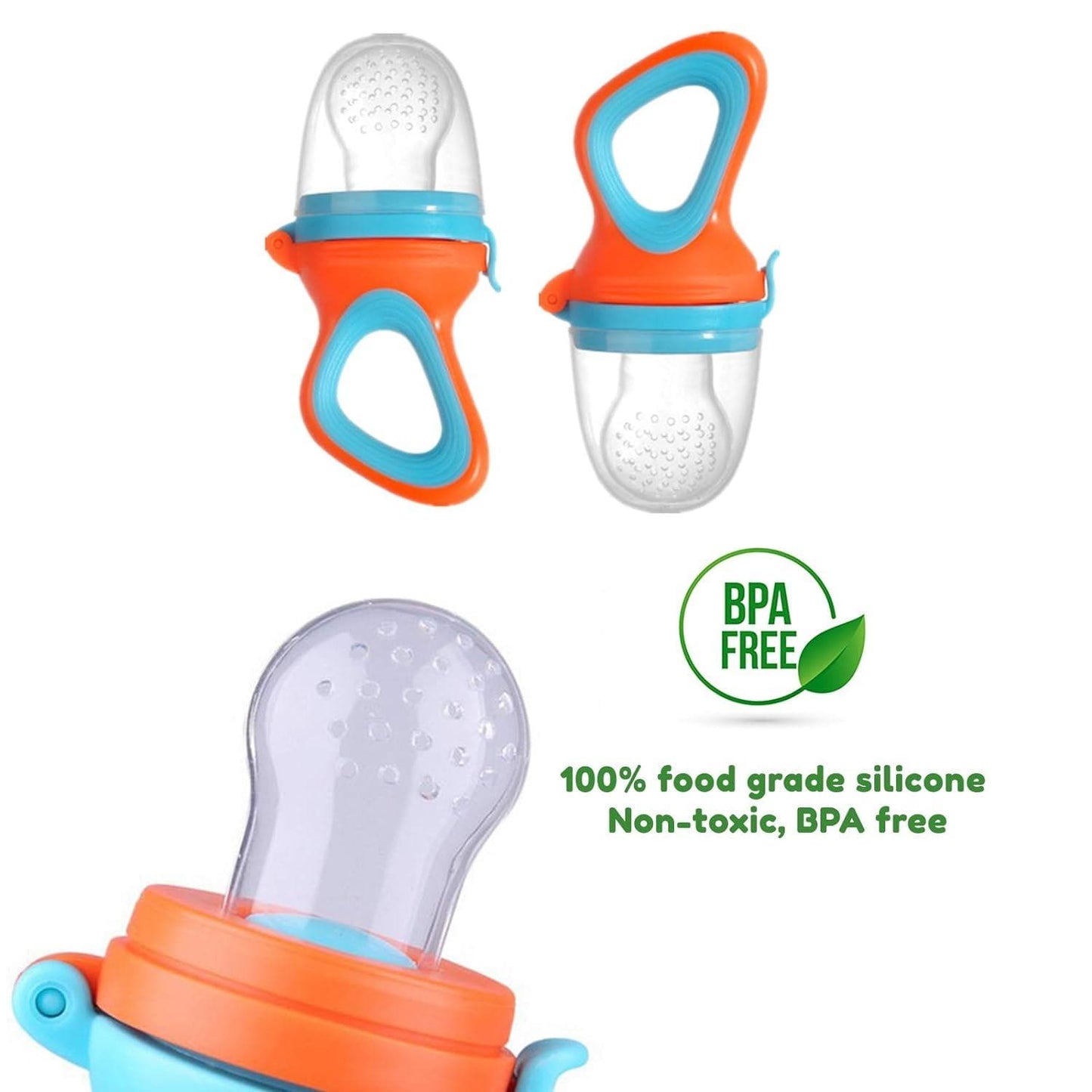 Safe-O-Kid- Pack of 2 BPA Free, Veggie Feed Nibbler, Silicone Food/Fruit Nibbler, Soft Pacifier/Feeder for Baby, Blue & Orange - halfpeapp