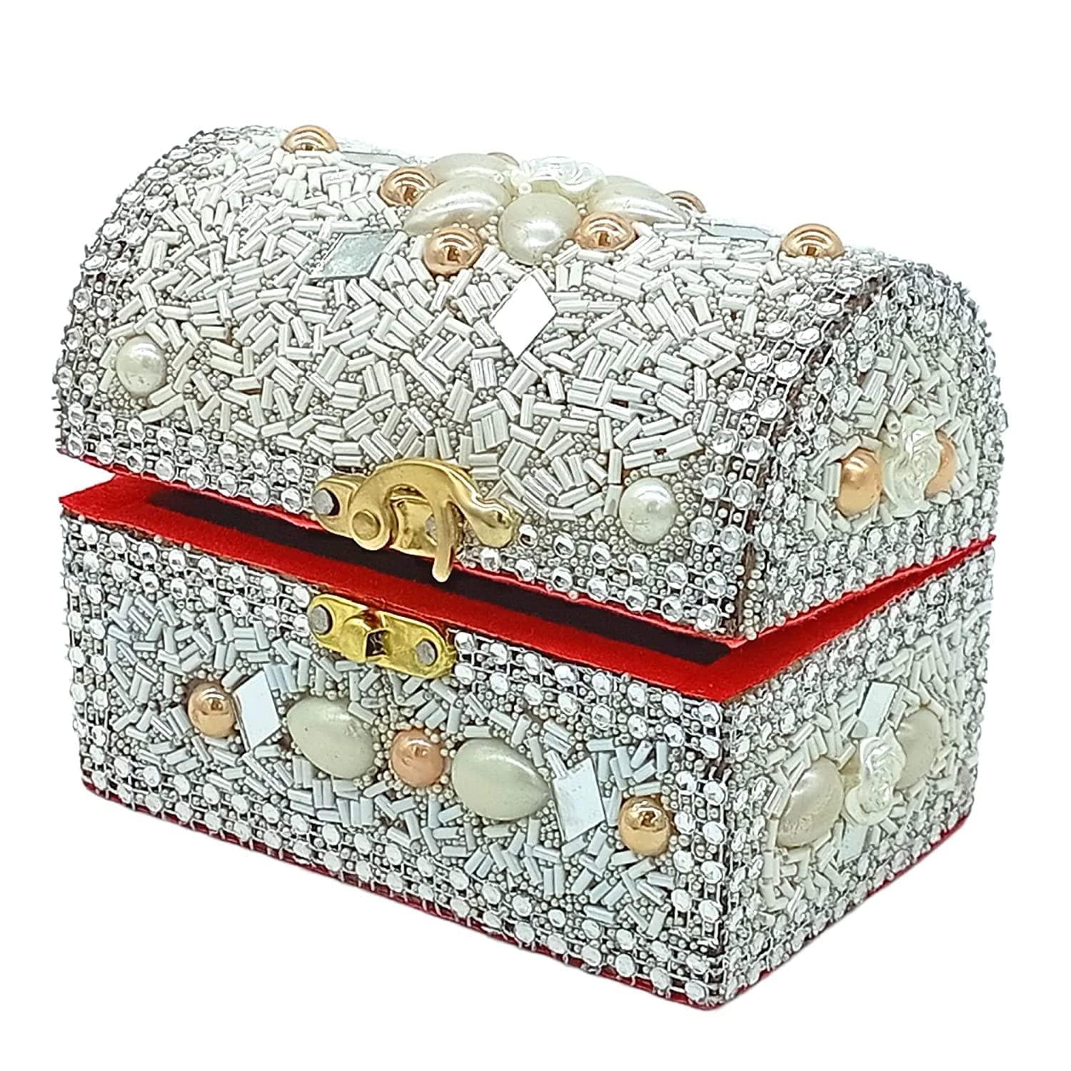 santarms Beads Work Craft Box Jewelry Boxes Wooden With Lock (White) - halfpeapp