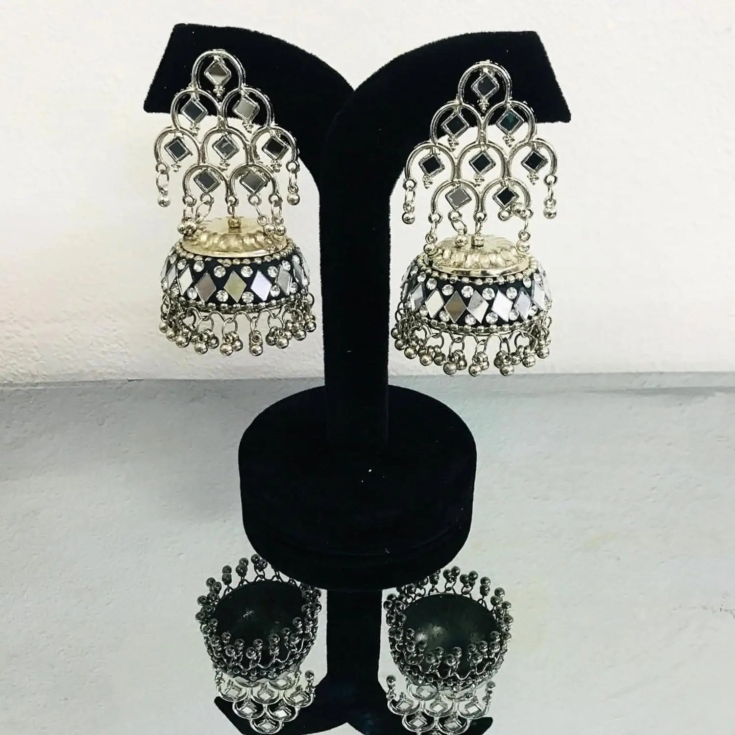 Santarms fancy jewellery long afghani earrings (silver oxidised) - halfpeapp