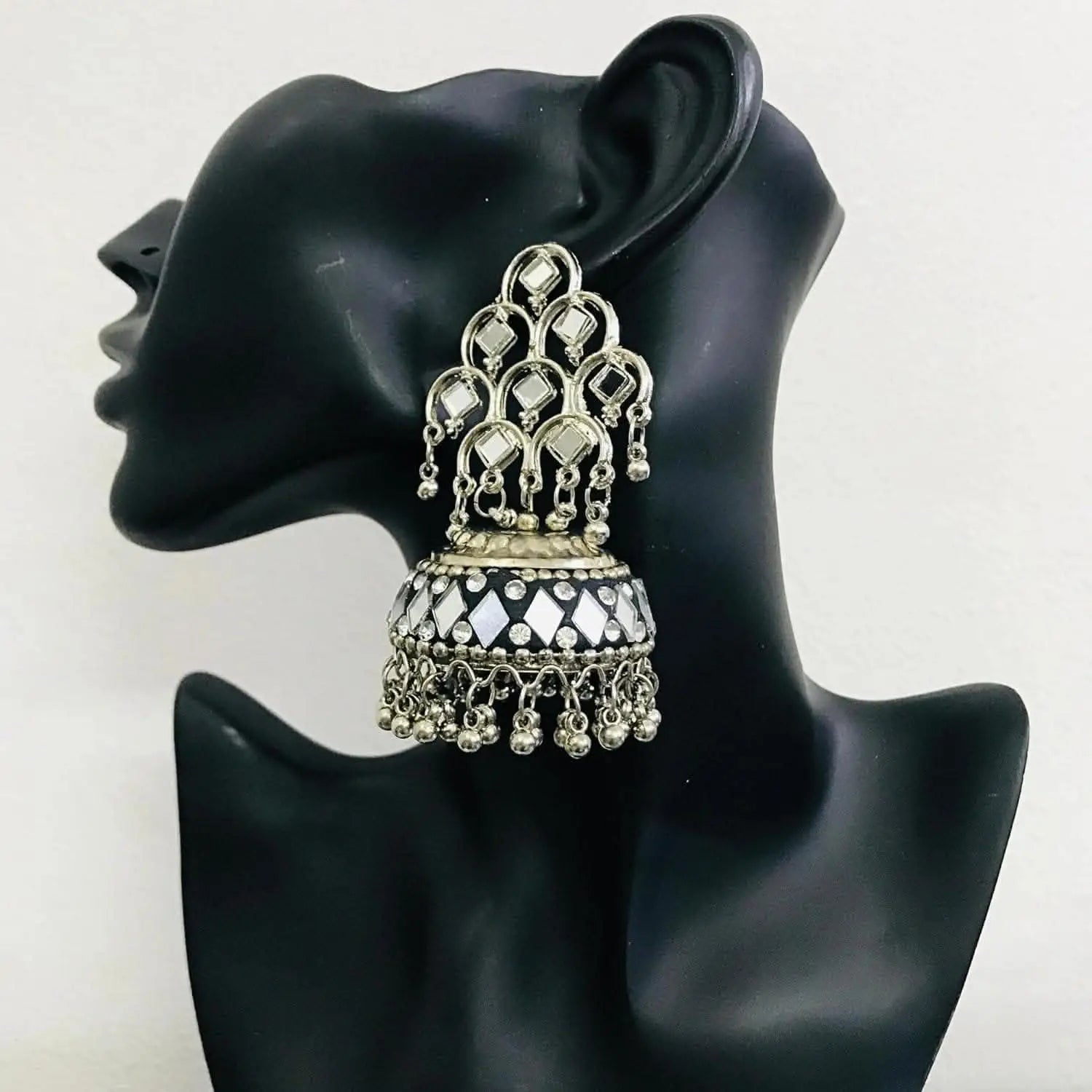 Santarms fancy jewellery long afghani earrings (silver oxidised) - halfpeapp