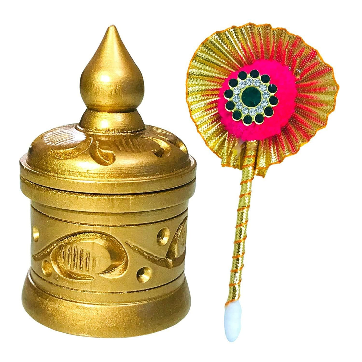 Santarms fancy sindoor box for gift with tilak stick (gold) - halfpeapp