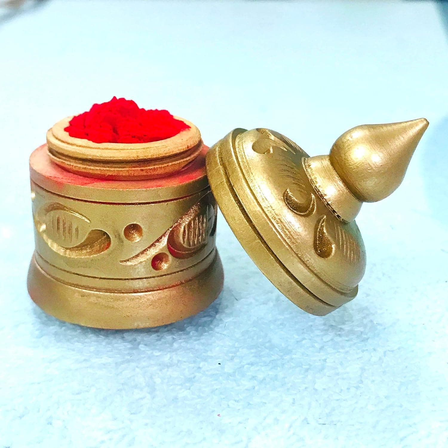 Santarms fancy sindoor box for gift with tilak stick (gold) - halfpeapp