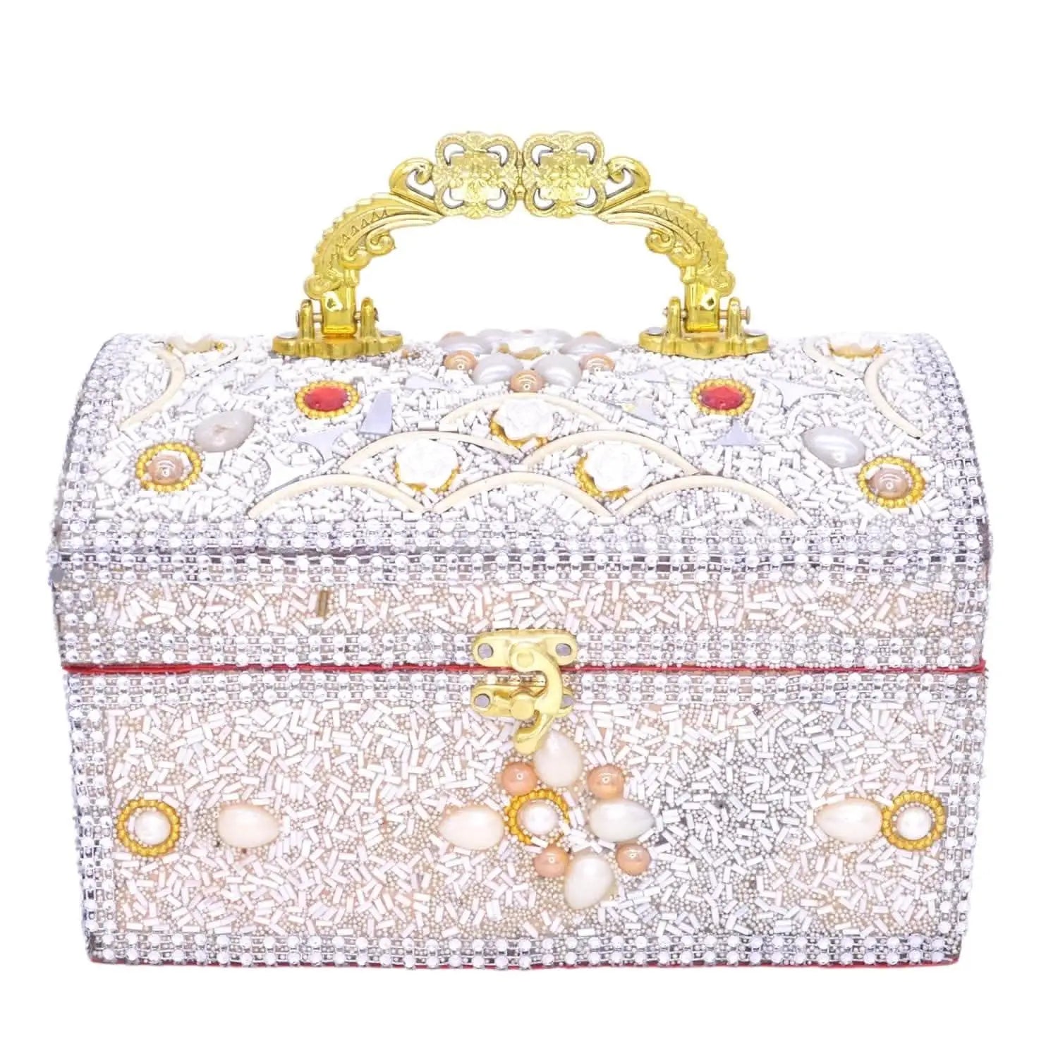 Santarms wooden white handcrafted rajwada box jewellery (golden red) - halfpeapp