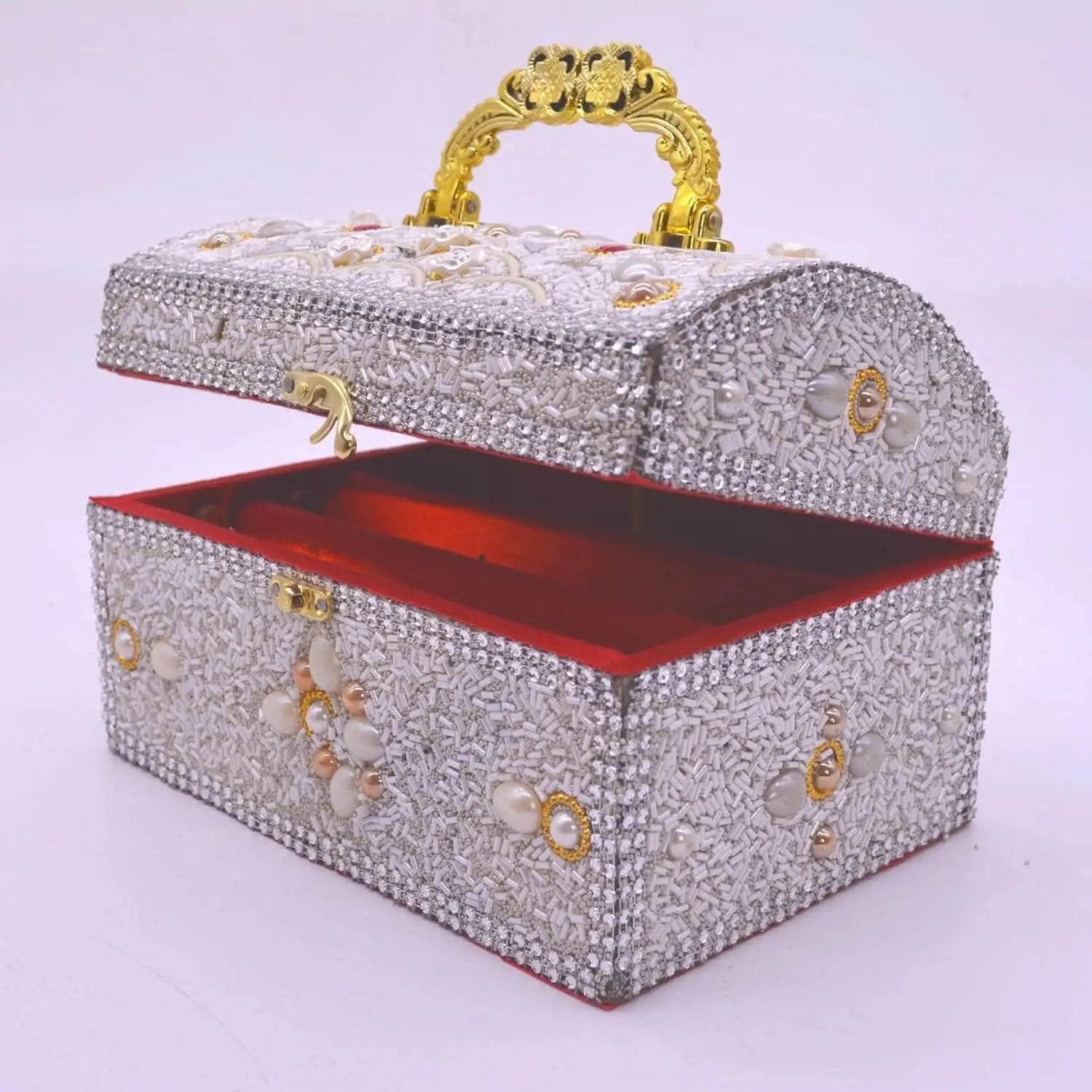 Santarms wooden white handcrafted rajwada box jewellery (golden red) - halfpeapp