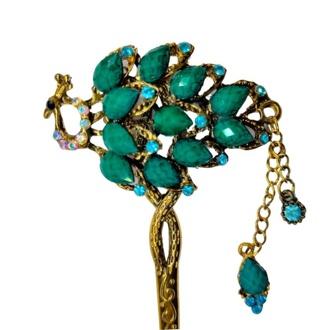 SENECIO Retro Peacock Tassel Vintage Look Carved Pattern Hair Stick - Turquoise, Unique Bridal Collection - HalfPe