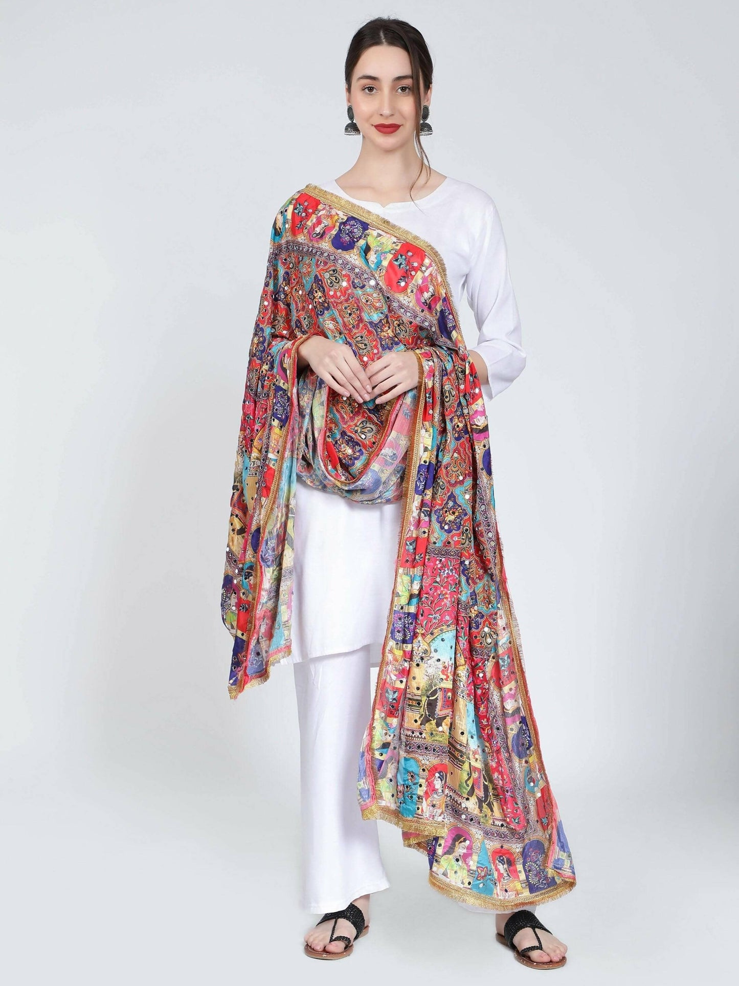 Chiffon Digital Print Pakistani Dupatta with Heavy Mirror Work For Women (Multicolour) - HalfPe