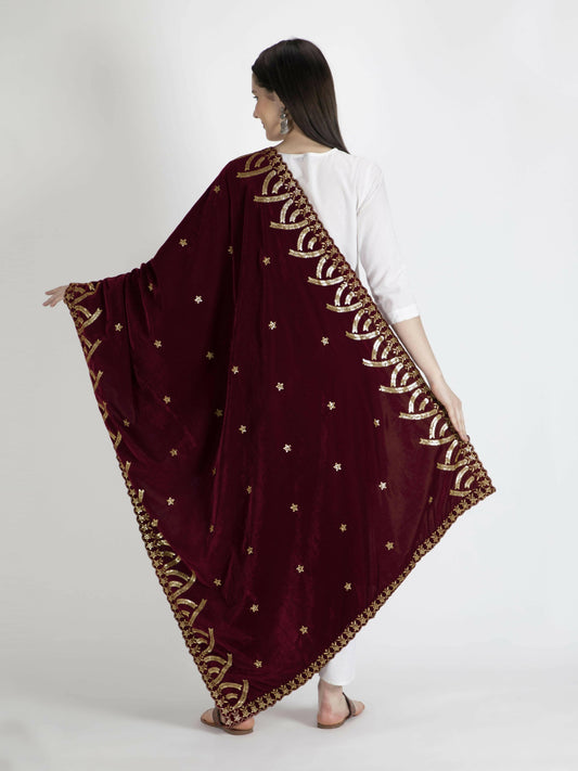 Embroidered Velvet Shawl Dupatta(Maroon) - HalfPe