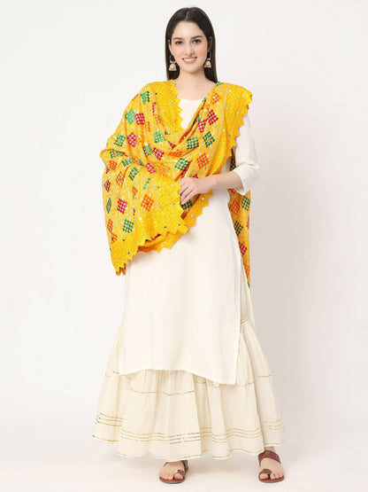 Yellow Multicolour Embroidery Phulkari Dupatta with Lace Border - HalfPe