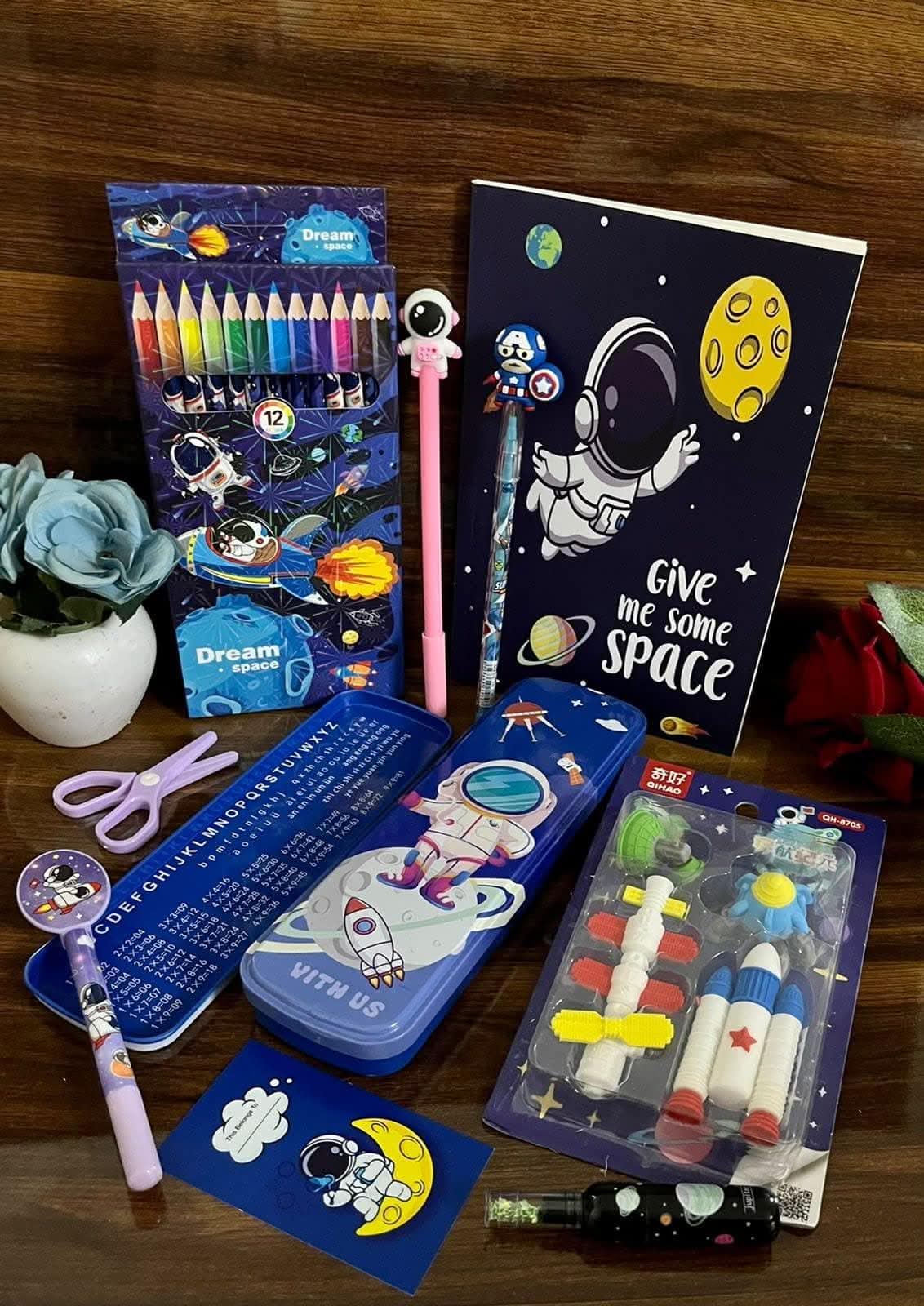 Space theme combo with color pencil, geometry box case, scissors pen-pencil, highlighter, bookmark & astronaut eraser set - halfpeapp