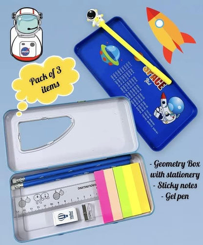 Space travel metal pencil box including stationary set (pack of 3) - halfpeapp