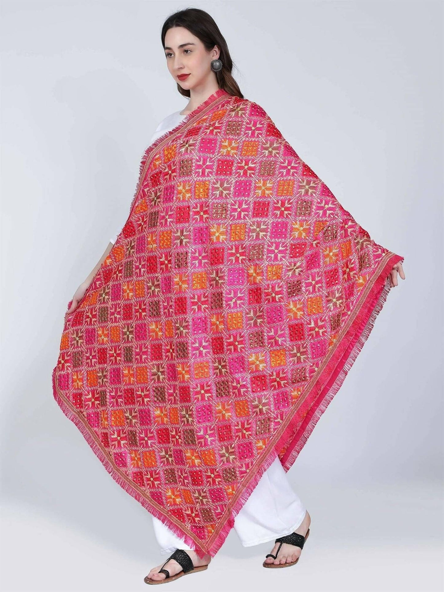 Multicolour Phulkari Dupatta with mirror work (Magenta Pink Orange ) - HalfPe