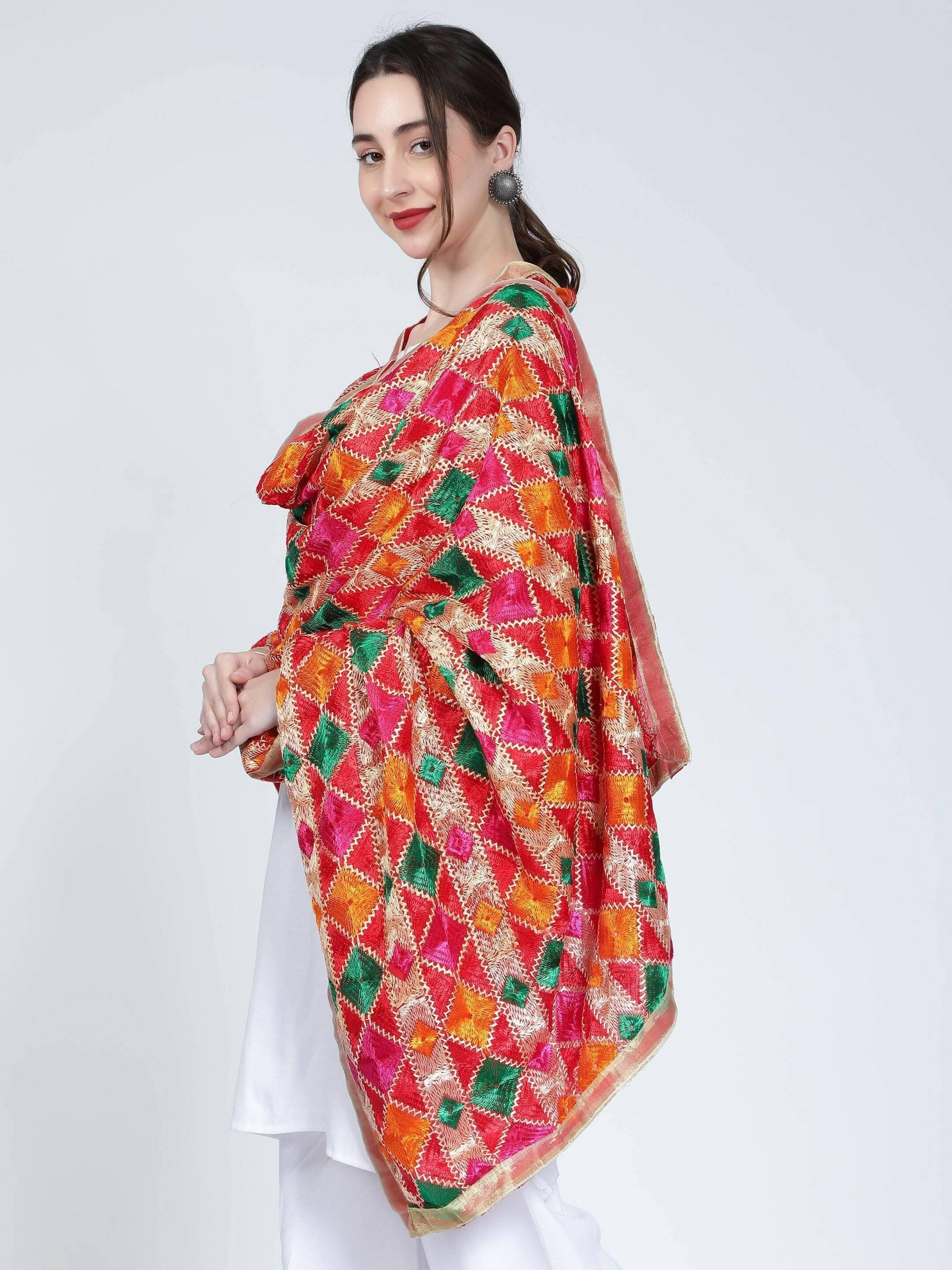 Red Phulkari dupatta (Multi-color designs) - HalfPe