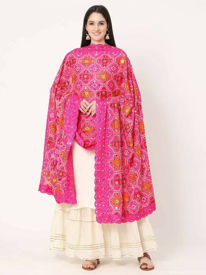 Magenta Multicolour Embroidery Phulkari Dupatta with Beads - HalfPe