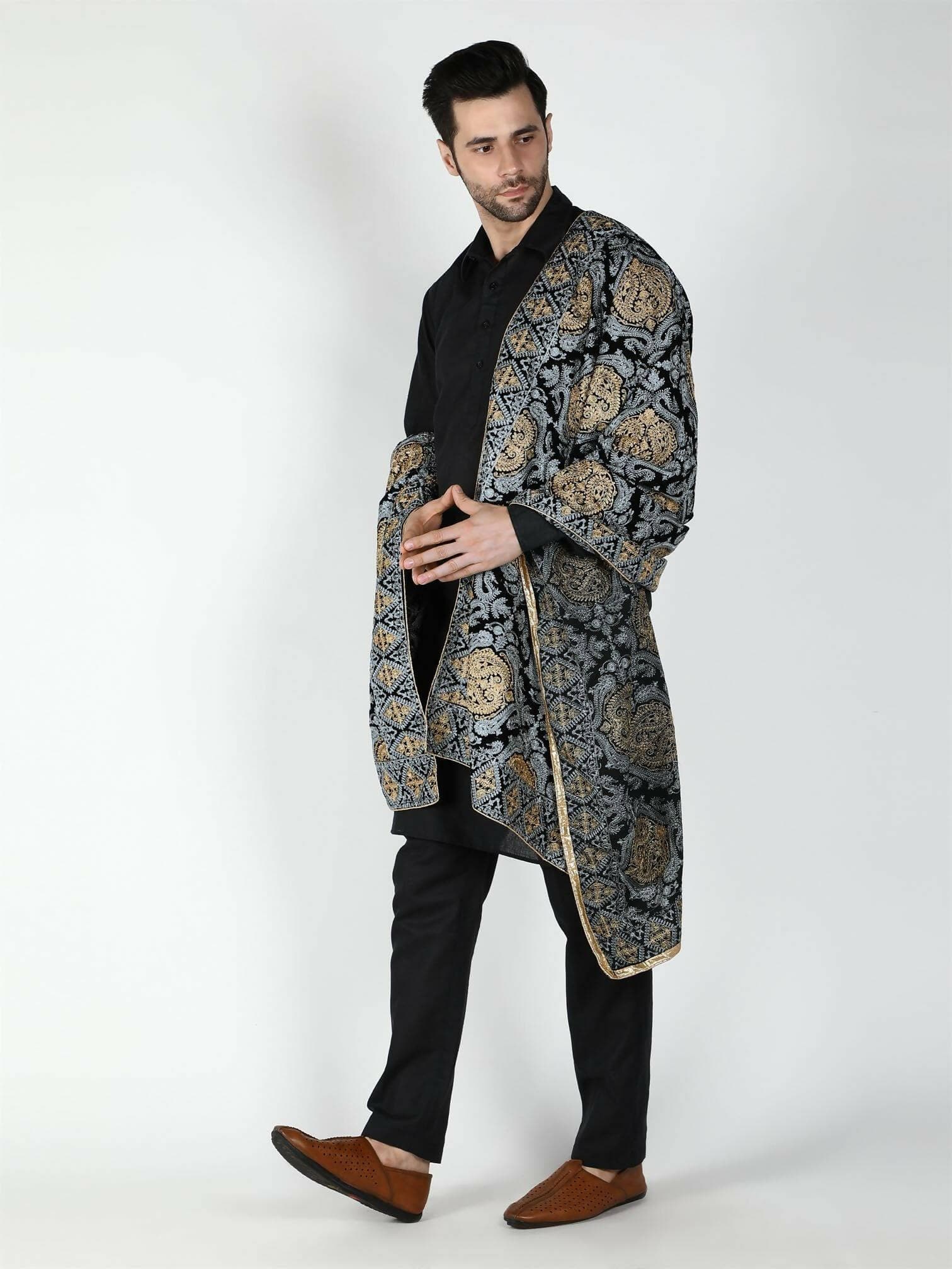 Moda Chales Men's Velvet Shawl (Black, Silver, Gold) - HalfPe