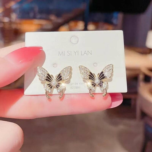 Pinapes black butterfly earrings for women cute girl rhinestone zircon stud earrings - HalfPe