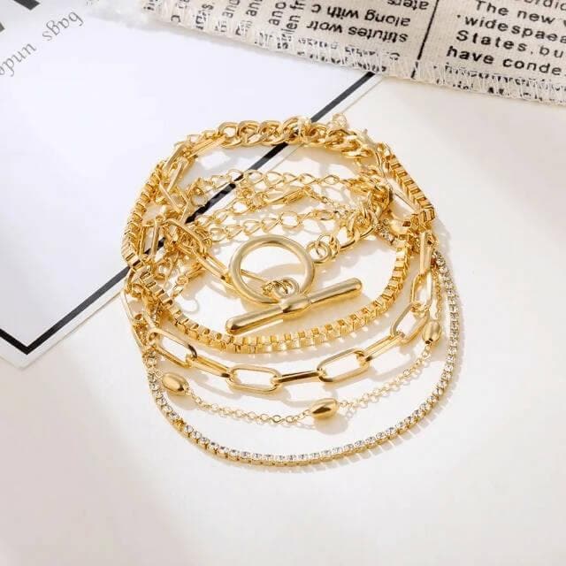 Pinapes 5pcs/set Trendy Gold Color Punk Style Chain Bracelet Female Personality Lock Crystal Exquisite Bracelets Jewelry - HalfPe