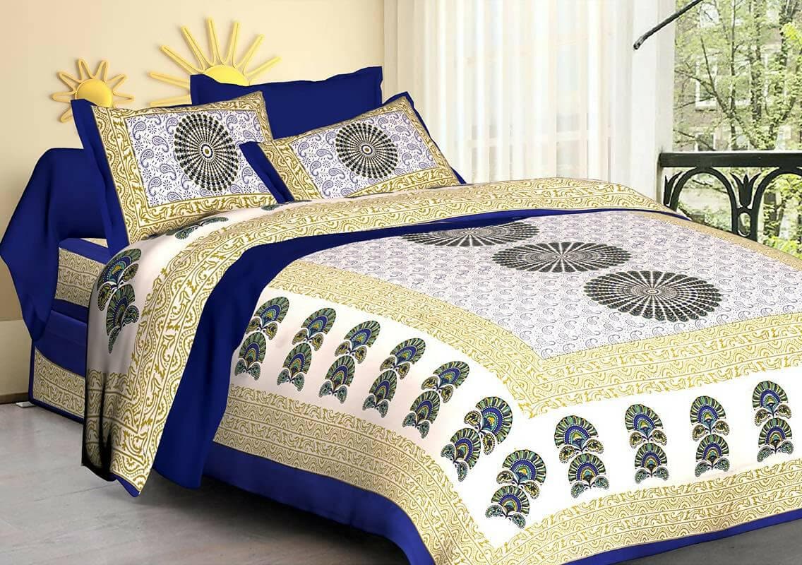 Jaipuri Printed queen Size Bedsheet with 2 Pillow Cover for Bed - HalfPe