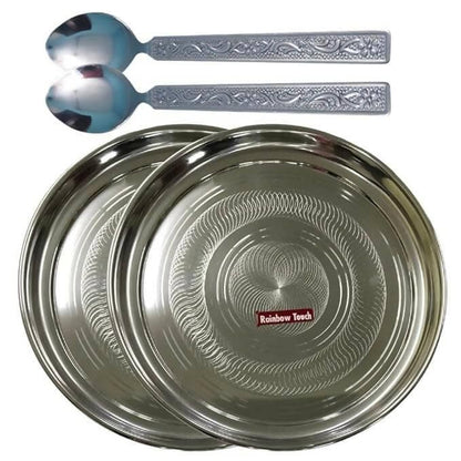 SHINI LIFESTYLE Stainless Steel Plate, 30cm Dinner Plate 2pc with Spoon Set (4) - HalfPe