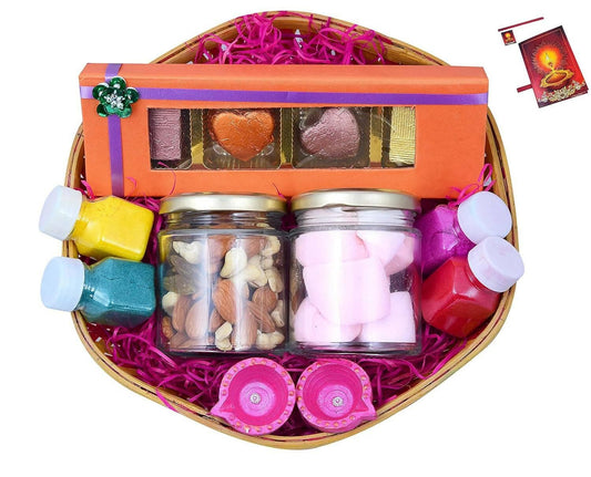 MANTOUSS Diwali Gift Pack/Chocolate Sweets Gift Box for Diwali-Basket+Chocolate Box+Mix Dry Fruits in a Glass jar+Marshmallow in a Glass jar++2 Cute Diya+4 Rangoli Colours+Diwali Greeting Card - HalfPe