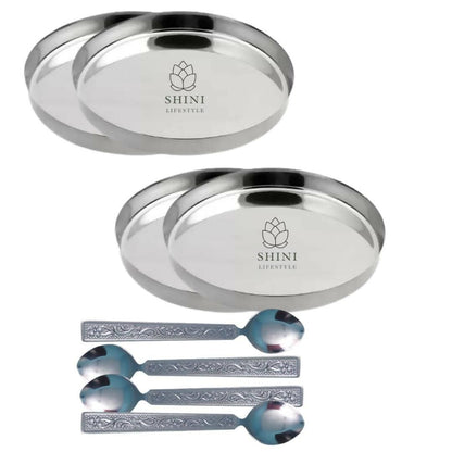 SHINI LIFESTYLE Stainless Steel Lunch Plates with Table Spoon Set (8) - HalfPe