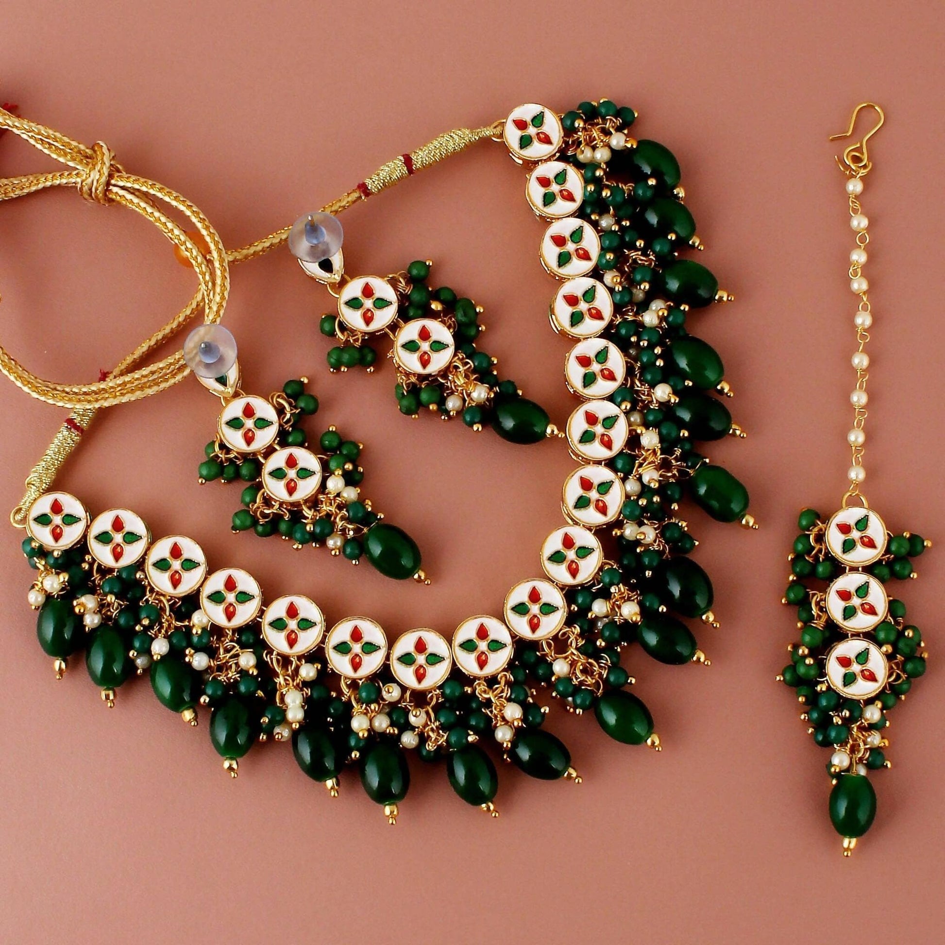 LUCKY JEWELLERY Back Meenakari 18k Gold Plated Green Color Tika Earring Combo Uncut Big Faux Kundan Choker Necklace set - HalfPe