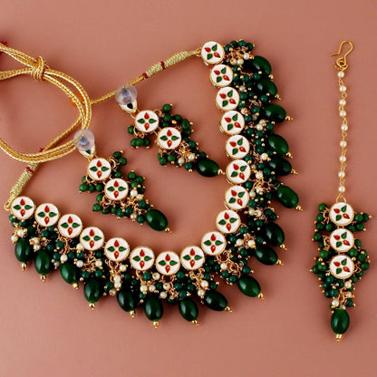 LUCKY JEWELLERY Back Meenakari 18k Gold Plated Green Color Tika Earring Combo Uncut Big Faux Kundan Choker Necklace set - HalfPe