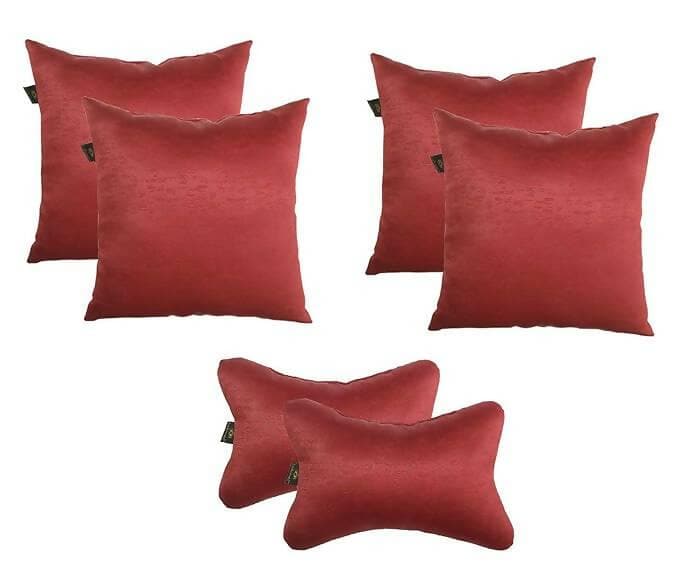 Lushomes car pillows and cushions, Textured Red car pillow, cushion for car, pillows for car, car pillow set of 6, car cushion set(4 pc Cushions-12 x 12 inches & 2 pcs Neck Rest Pillow 6x10 inches) - HalfPe