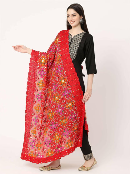 Red Multicolour Embroidery Phulkari Dupatta with Beads - HalfPe