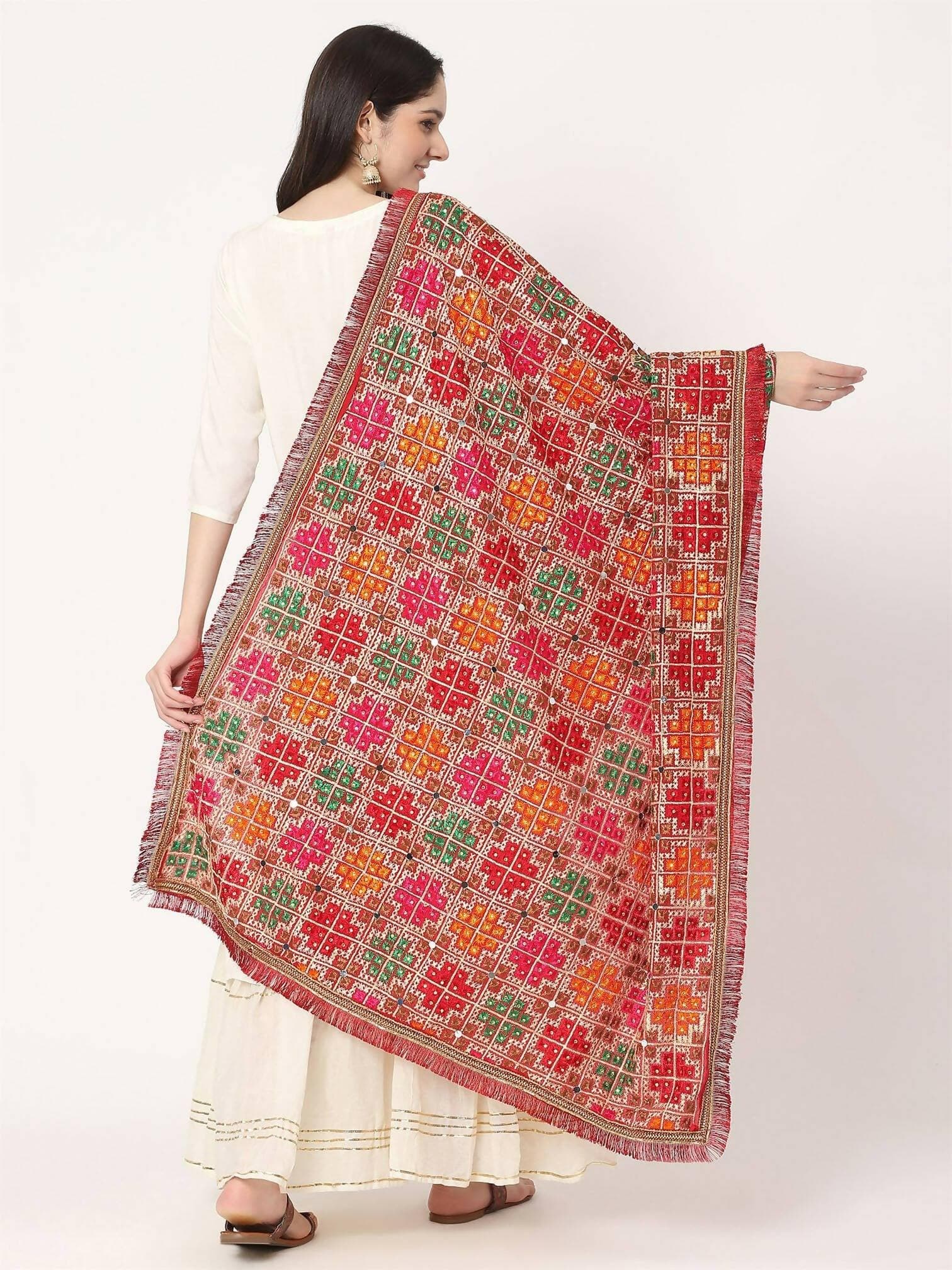 Red Multicolour Embroidery Phulkari Dupatta with Mirror Work - HalfPe